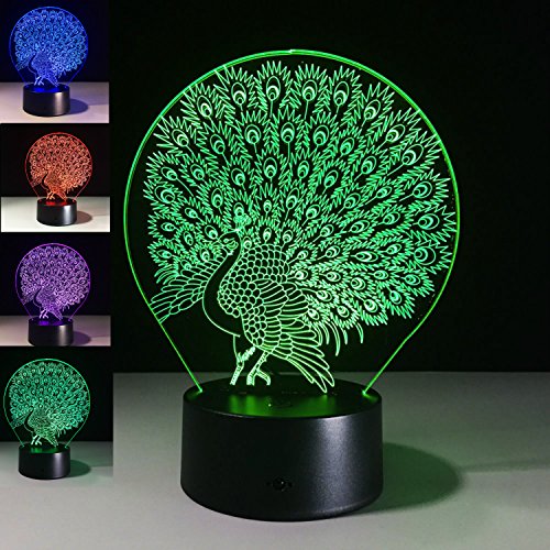 SUPERNIUDB 3D Peacock Night Light 7 Color Change LED Table Lamp Xmas Toy Gift