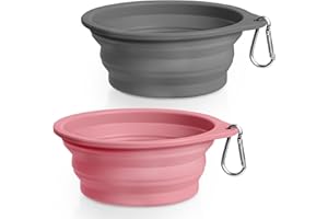 Rest-Eazzzy 2-Pack Silicone Collapsible Dog Bowls, BPA Free Dishwasher Safe, Portable Foldable Travel Bowl, Food Water Feeding Cup Dish for Dogs Cats with 2 Carabiners (Grey, Pink, 550 ML)
