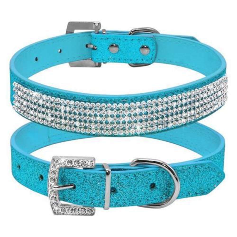 haoyueer Cute Dazzling Sparkling Leather Dog Cat Rhinestone Collar Crystal Diamond Pet Dog Puppy Collar … (M, Blue) — image 1