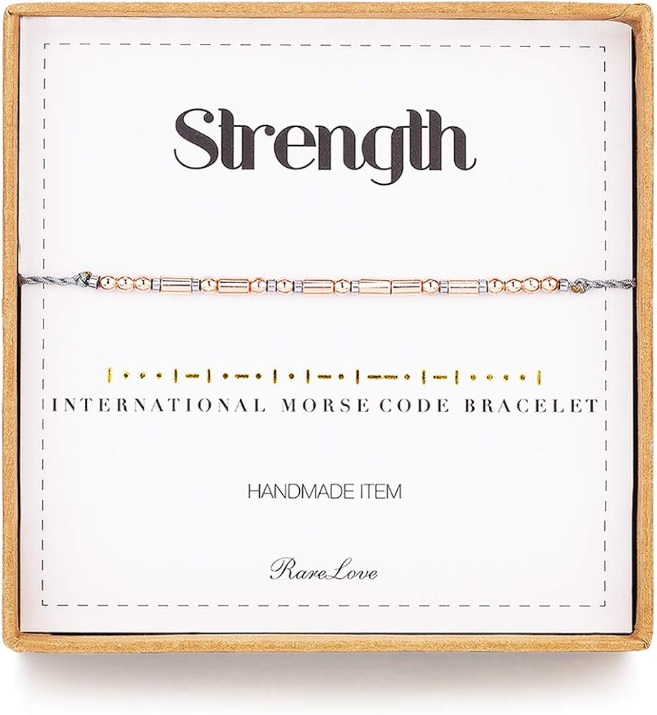 RareLove Strength Morse Code Bracelets Be Strong Inspirational Encouragement Friendship Gift For Women Girls Rose Golden Beads Grey String Bracelet: Clothing