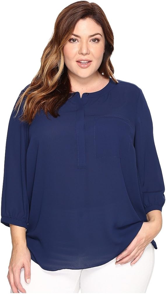 NYDJ Women's Plus Size 3/4 Sleeve Henley Pleat Back Blouse, Kingston