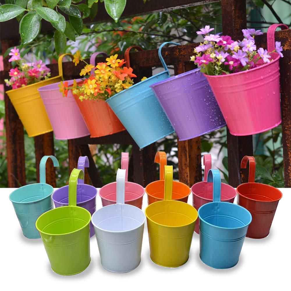 Trongle 10 PACKS 10cm Metal Iron Flower Pot With Detachable Handle, Small Garden Plant Pot Vase Hanging Garden Planter Holders Indoor and Outdoor Home Decor, S