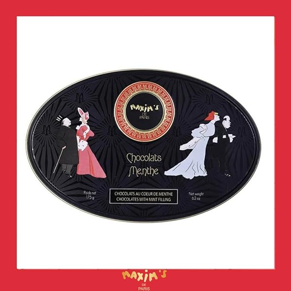 MAXIM’S DE PARIS – CHOCOLATE COVERED MINT CANDIES IN A LUXURIOUS OVAL TIN BOX BLACK AND GOLD, BELLE EPOQUE DESIGN, 175 G