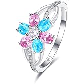 Psiroy 925 Sterling Silver Plated Simulated Blue Sapphire Quatrz Flower Ring for Women