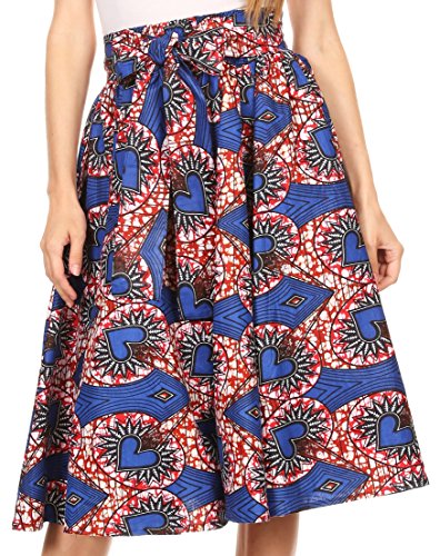 Sakkas W060 - Adisa Ankara African Wax Print Culotte Pants Colorful with Elastic Waist - Blue/Red - OS