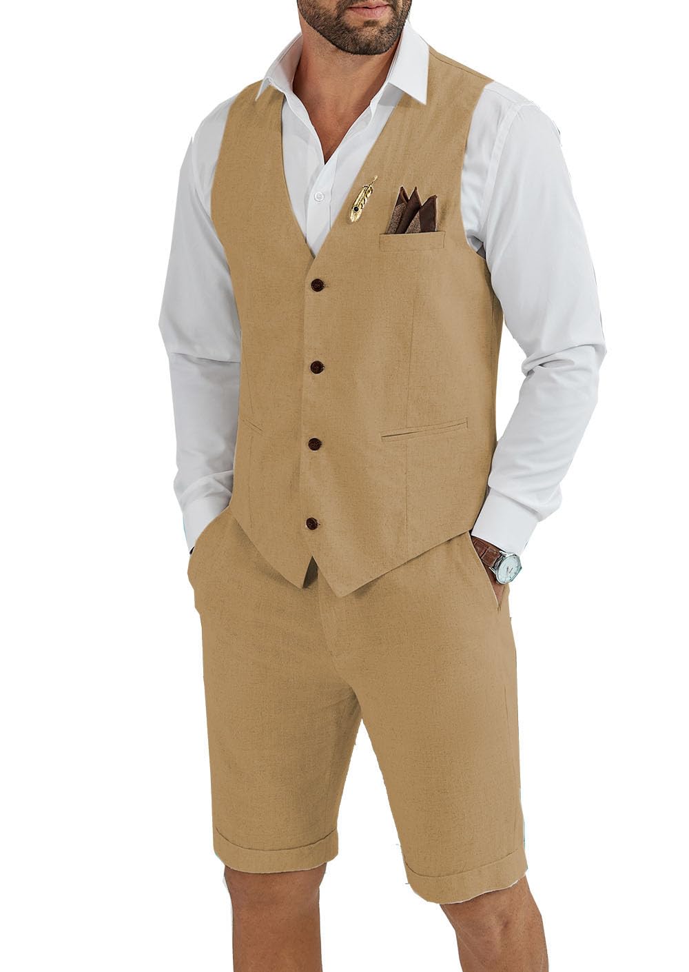Photo 1 of Tiefony Men's Linen 2 Piece Suit Slim Fit Wedding Groom Groomsmen Summer Vest Shorts Set Khaki 4XL