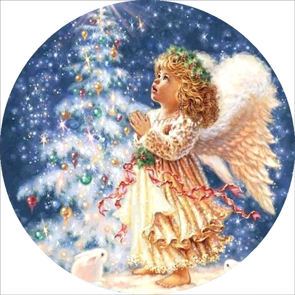 WOWDECOR Cross Stitch Embroidery Kits for Adults, Angel Baby Rabbit Christmas Tree 11CT Stamped DIY DMC Needlework Easy Beginners