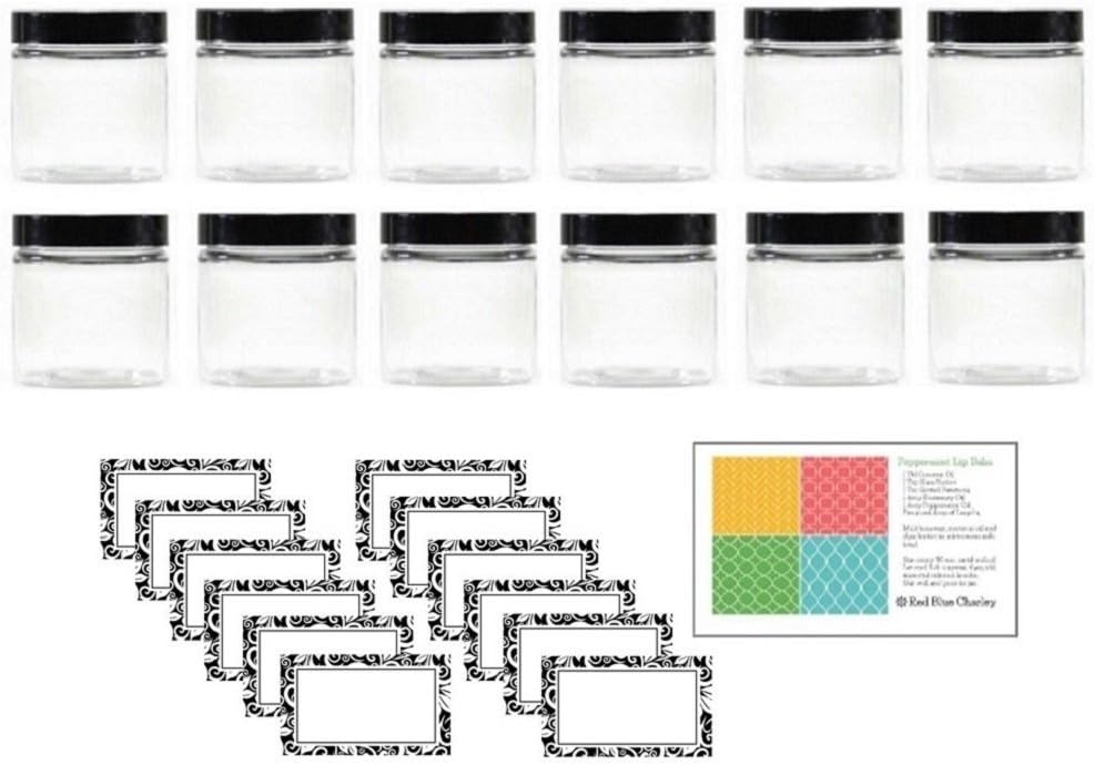 Clear 8 oz PET Plastic Round Jars with Black Lids, with Labels, 12 Pack (C8BL12)