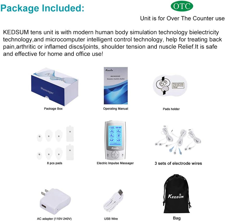 KEDSUM Rechargeable Tens Unit Muscle Stimulator, 3rd Gen Pain Relief 16 Modes Machine Electric Pulse Impulse Mini Massager with 8 Pads, 2 Electrode Wires and a 4-1 Electrode Wire: Health & Personal Care