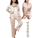 WJing Yi Jia 6Pcs Womens Silk Satin Pajamas Set XS-XXL Pajama Sets Pjs Set Button Down Pj Sets Sleepwear Loungewear