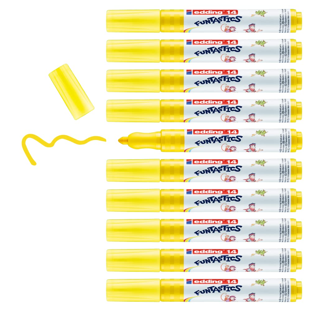edding 14 FUNTASTICS - 10 colouring pens for children - yellow - round nib 3 mm - for colouring fun on light-coloured paper and card - washable from skin and textiles