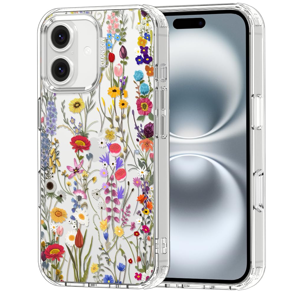 MOSNOVO Case for iPhone 16 Plus, [Buffertech 6.6ft Military-Grade Drop Protection] [Anti Peel Off Tech] Clear TPU Bumper Phone Case Cover Design - Wildflower Meadow