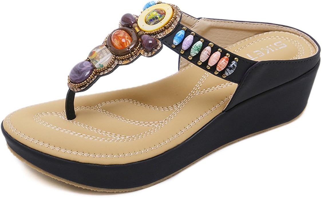 Amazon.com | Baviue Women's Leather Jeweled Beaded Platform Thong Sandals Black 41 9 M US | Sandals