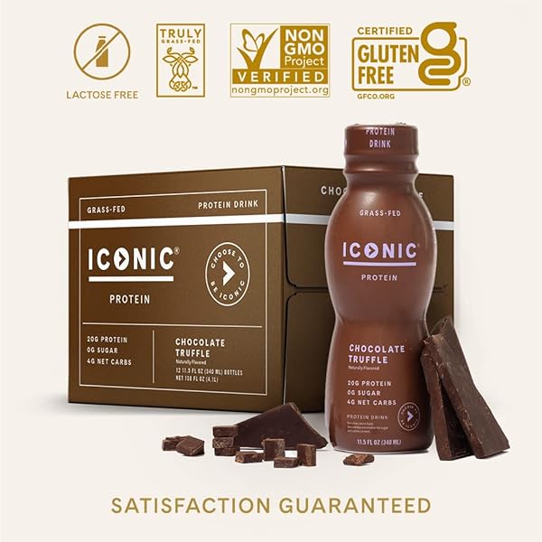 ICONIC PROTEIN DRINKS, CHOCOLATE TRUFFLE (12 PACK) – SUGAR FREE & LOW CARB – 20G GRASS FED PROTEIN – LACTOSE FREE, GLUTEN FREE, NON-GMO, KOSHER – KETO FRIENDLY PROTEIN SHAKES