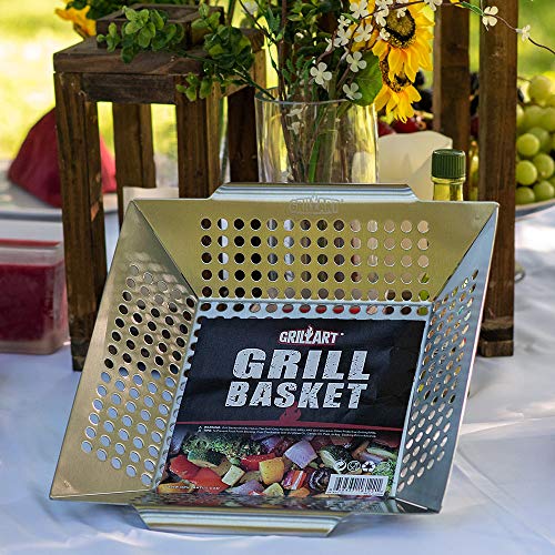 GRILLART Grill Basket for Vegetables & Meat - Large Grill Wok/Pan for the Whole Family - Heavy Duty Stainless Steel Veggie Grilling Basket Built to Last - Best BBQ Accessories for All Grills & Smokers - Thumbnail 6