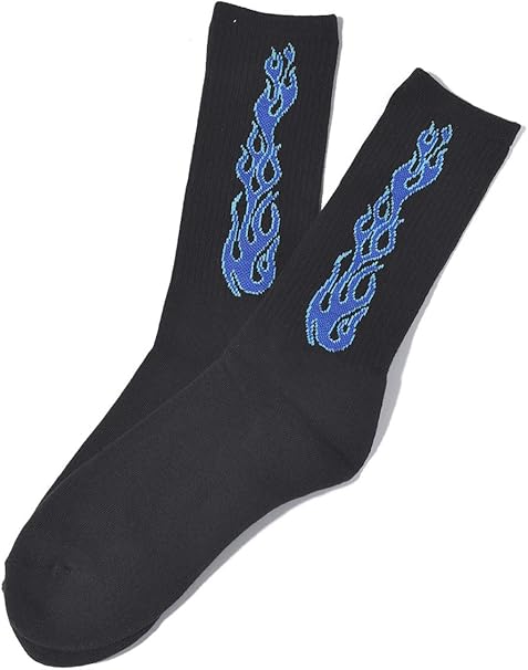Amazon ファイヤークルーソックスb 靴下 炎 韓国 メンズ レディース ストリート ファッション ダンス Spinns スピンズ ブラックxブルー スポーツソックス 通販