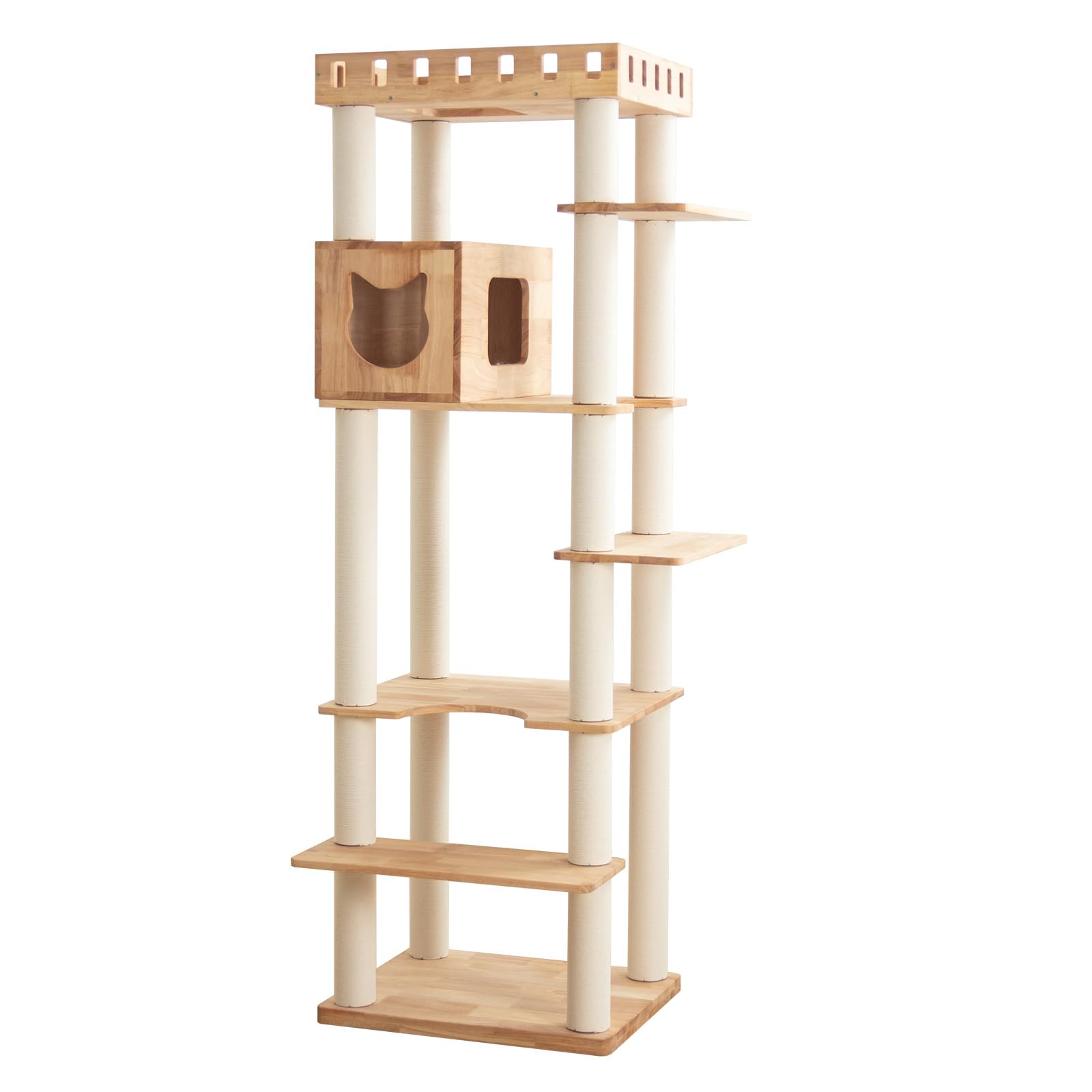 Photo 1 of PETTIFUL 74" Wooden Cat Tree Tower for Large Cats, Multi-Level Cat Climbing Furniture with Scratching Posts, Cat Condo & Hammock, Natural Wood Cat Activity Center(White)