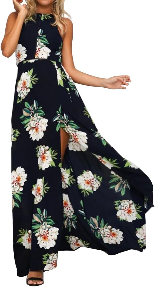 Women's Floral Maxi Sexy Halter Split Chiffon Dress Sleeveless Backless Summer Boho Party Beach Dresses (S-XL)