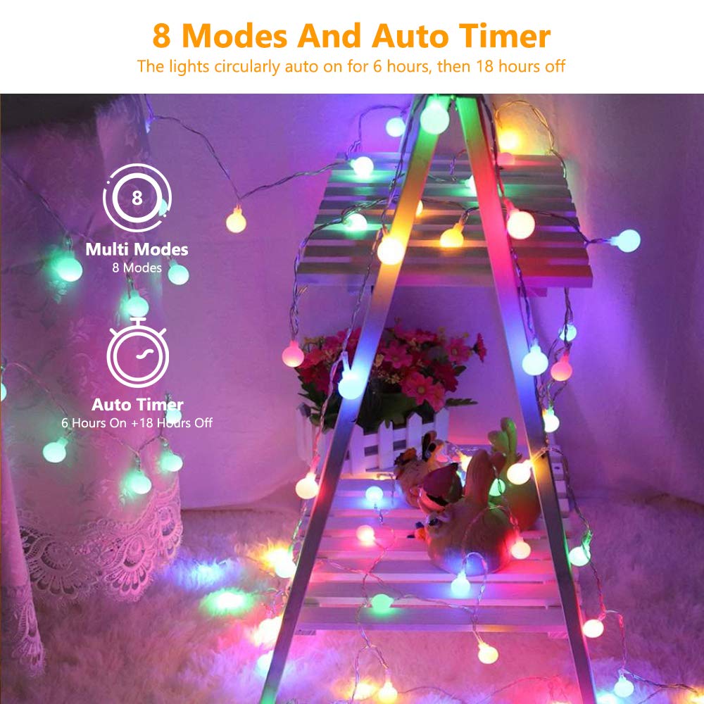 BrizLabs 2 Pack Multicolor Christmas Lights, 50 LED 17.07ft Globe String Lights Battery Powered, Waterproof 8 Modes Ball Lights for Indoor/Outdoor, Wedding Party, Dorm Room, Bedroom, Xmas Decor