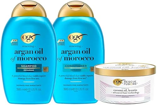 OGX Repair & Hydration Bundle for Dry Hair, Argan Oil of Morocco Shampoo (385ml) and Conditioner (385ml), and Rescue Fusions Intense Repair and Strength Recovery Hair Mask (285ml), For All Hair Types