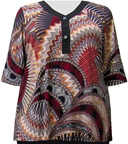 A Personal Touch Women's Plus Size 3/4 Sleeve Y-Neck Placket Top Spice Geometric 6X