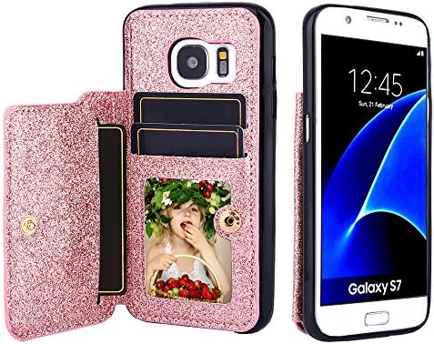 CSTOP ZOOM Series, Galaxy S7 Wallet Case, 2 ID Credit Card Slot, Cash Slot, Button Snap, Flip-Out Back Leather Drop Protection Case For Samsung Galaxy S7 - Glitter Rose Gold