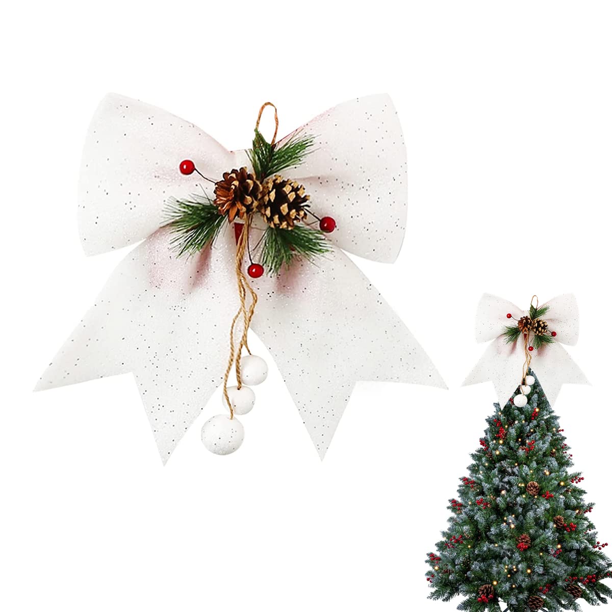 1P White Topper Glitter Wreaths Bows Xmas Bows - 9.8x11.8in Sequin Ties for Tree Toppers, Wreaths, Garland Decor