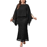 ZOMVA Plus Size 0X-4X Mother of The Bride Groom Lace Dress with Chiffon Cape Overlay Long Mermaid Dress Formal Wedding Guest