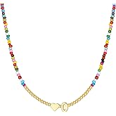 M MOOHAM Valentines Gifts for Kids - Heart Initial Necklaces Girls Women Colorful Beaded Tiny Heart Initial Necklace Choker Letter Necklace Jewelry for Teen Girls Trendy Birthday Valentines Gifts