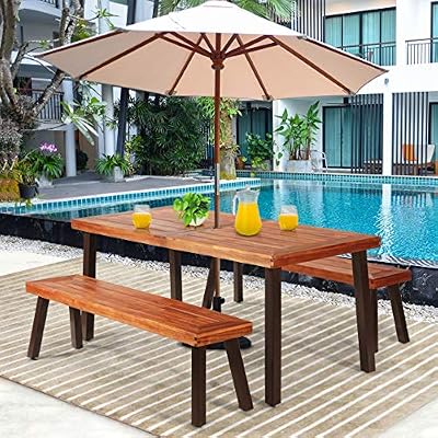 Amazon Com Giantex Patio Dining Table Set With 2 Benches Outdoor Picnic Table Set With Umbrella Hole Acacia Wood Patio Seating And Rectangular Table For Backyard Garden Lawn Rustic Brown Garden Outdoor