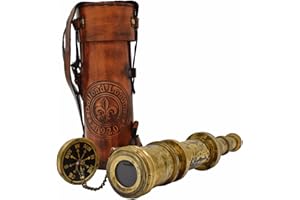 A S HANDICRAFTS Antique Brass Pirate Telescope Camping Accessories Telescope for Adults Marine Sailor's Spyglass, 18 inch Brass Made w High Resolution Magnification w Brown Leather Case Nautical Gift