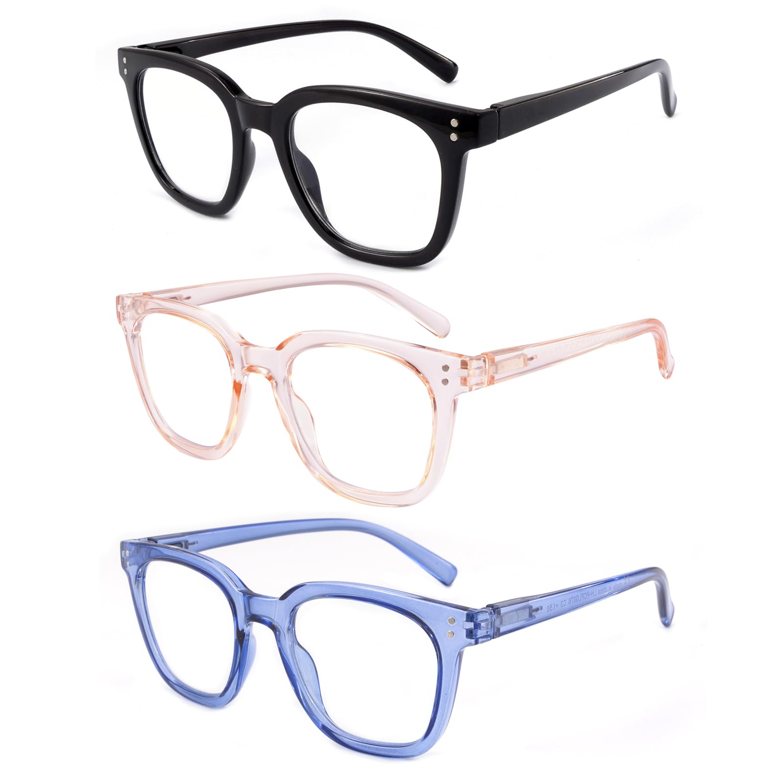 OKH Women Reading Glasses 3 Pack Blue Light Blocking Computer Anti Glare Spring Hinge Rectangle Readers (Black+Pink+Blue 2.0+)
