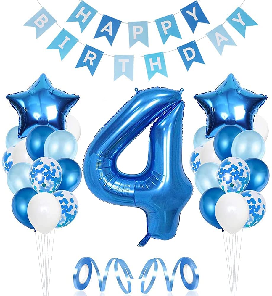 Unisun 4th Baby Boy Birthday Decorations - White and Blue Balloon Set With 40 Inch Number 4, Happy Birthday Banners, Star Foil Balloons for 4 Year Old Party
