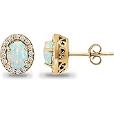 ICE GEMS Birthstone Earrings for Women, 925 Sterling Silver Yellow Gold Flashed Genuine, Created or Simulated Gemstone & CZ Accents 11mmx9mm Oval Halo Stud Earrings