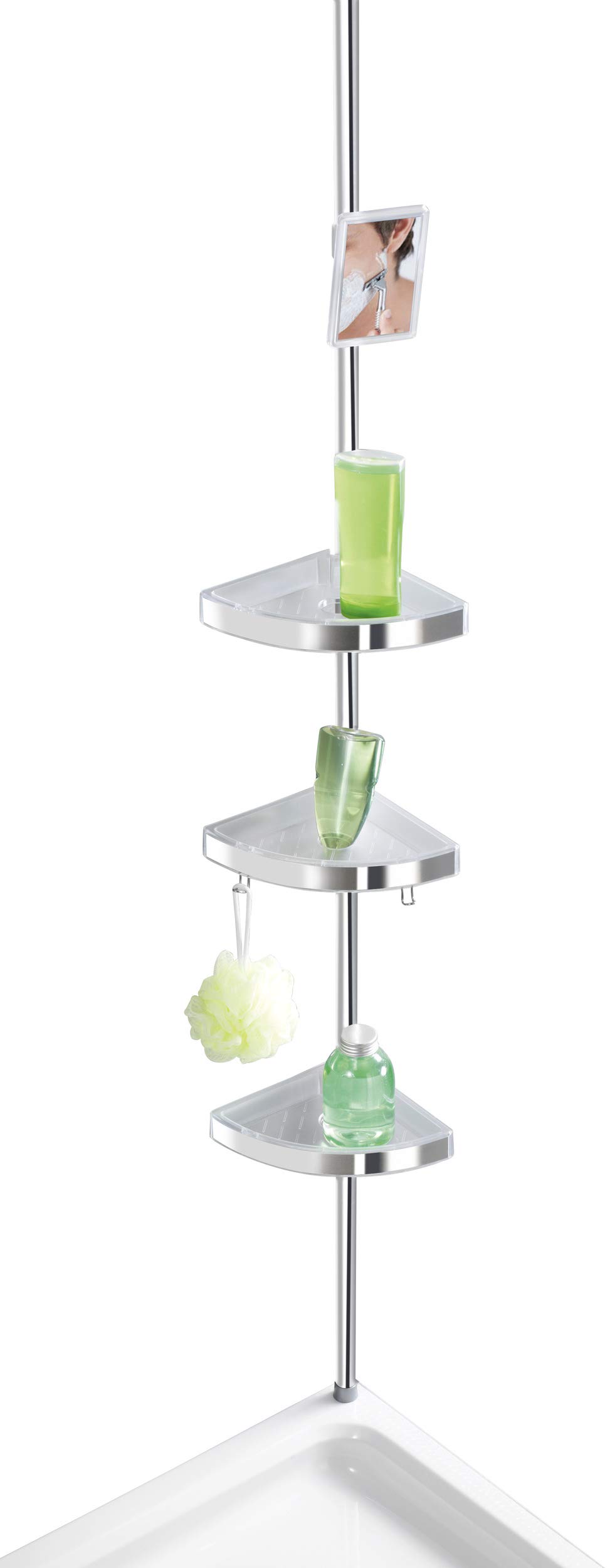 WENKO 22124100 Telescopic shower corner element Premium shiny - 3 shelves, 2 hooks and mirror, Aluminium, 27.5 x 70-260 x 20 cm, Shiny