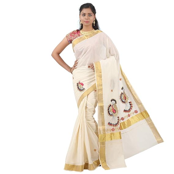 Women's Kasavu Cotton Blend Saree (C95_Cream & Red)