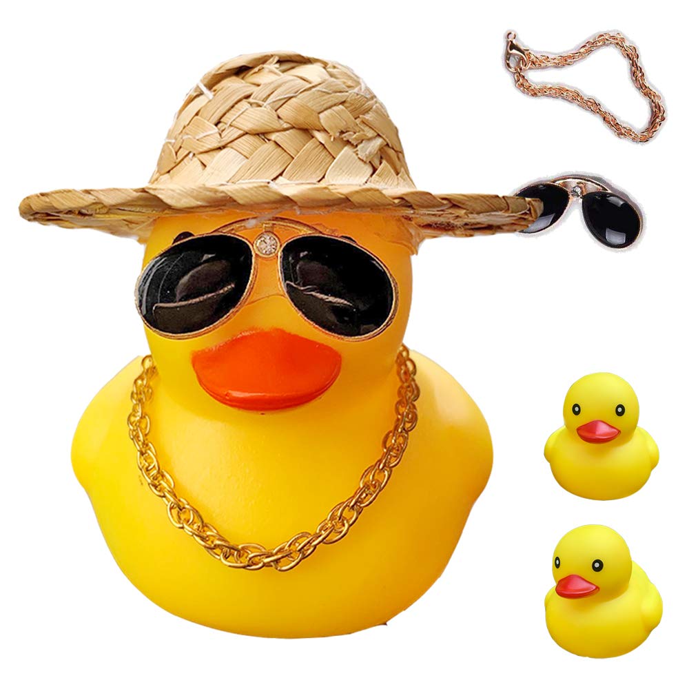 ACEDOAMARE Duck Bike Bell, Cute Rubber Yellow Duck Bicycle Accessories with LED Light Propeller Helmet Squeeze Horns for Cycling Motorcycle Car Handlebar Bicycle (Straw hat)