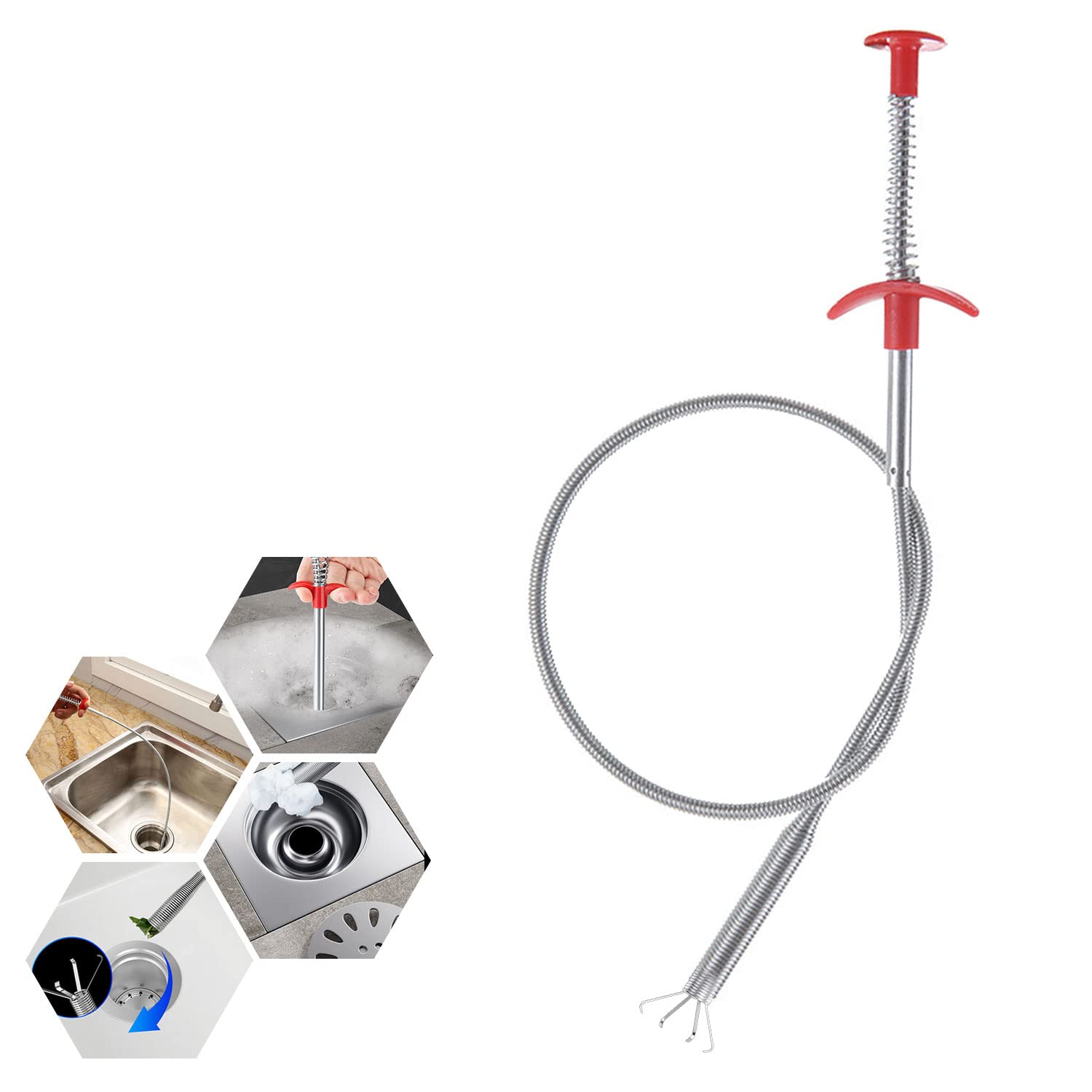 Drain Cleaner 60cm/23.6" Flexible Sink Cleaner Drain Rods Snake Drain Tool with Easy to Use Spring Tube Reusable Sink Cleaner Brush for Kitchen Sink