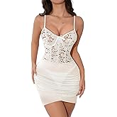 Kolagri Womens Sexy Lingerie Lace Sheer Mesh Bodycon Mini Dress Underwire Ruched Nightgown Set with Thong