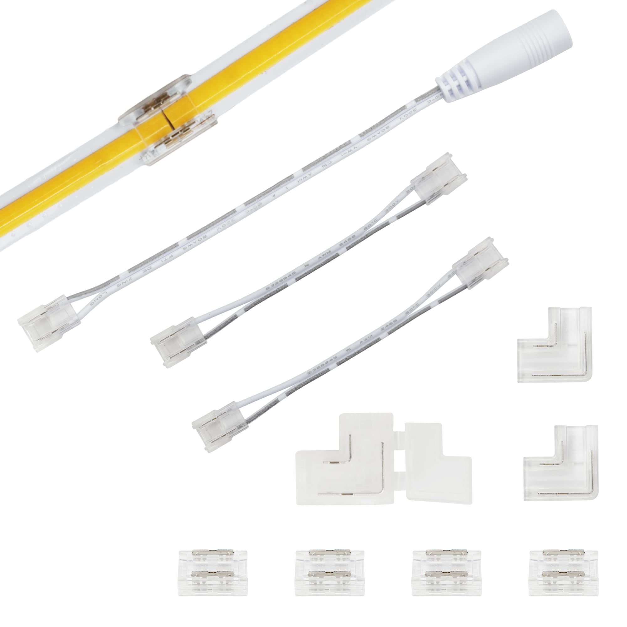TTWAY 10pcs 2 Pin 8mm Width COB LED Strip Connectors, Transparent Gapless Middle×4, L Shape (Round Conner)×2, T Shape×1, Double Ended ×2 and DC Female×1 for COB Strip.