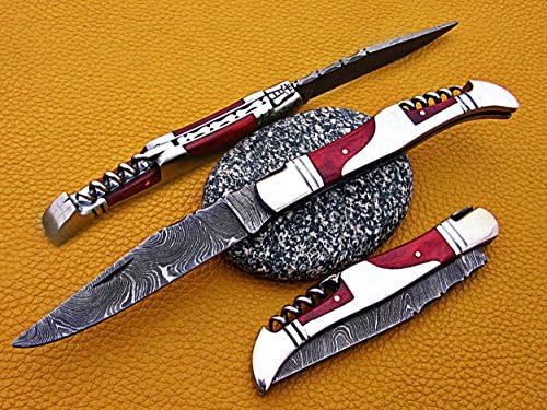 Amazon 8インチ長ダマスカス鋼hand Forgedユーティリティ折りたたみナイフw Wine Opener コルクスクリュー レッドドル木製 スチールスケール 牛革sheath Withベルトループ Damascus Depot フォールディングナイフ