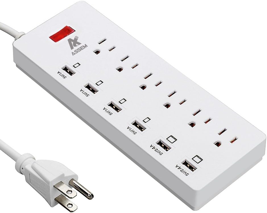 ASSEM 6 Outlet Power Strip Smart Surge Protector AC Plugs and 6 USB Charger Ports Power Adapter 1625W/13A 5.9ft Cord Universal 4 USB ports for 5V 1A and Dual Super USB ports for 5V 2.4A output