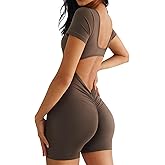 QOQ Womens Workout Jumpsuits Shorts Sleeve Square Neck Backless One Piece Bodycon Scrunch Butt Yoga Rompers