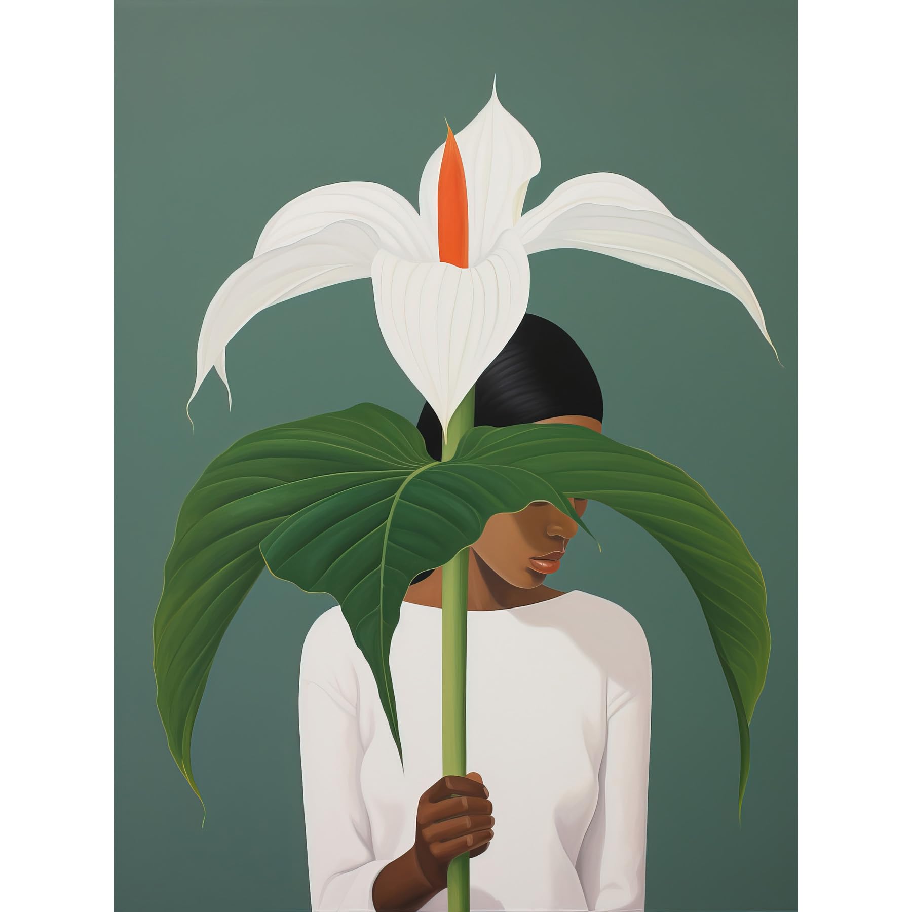 Artery8 Giant Peace Lily Showcase Realistic Oil Painting White Teal Green Woman with Flower Minimalist Artwork Extra Large XL Wall Art Poster Print