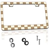 Beige Brown Checkered License Plate Frame Fashion Funny Aluminum License Plate Holder Car Tags Decorative Car Accessories with Screws for Women Men Fit Standard Us Canada Vehicles 12.3x6.3 inch