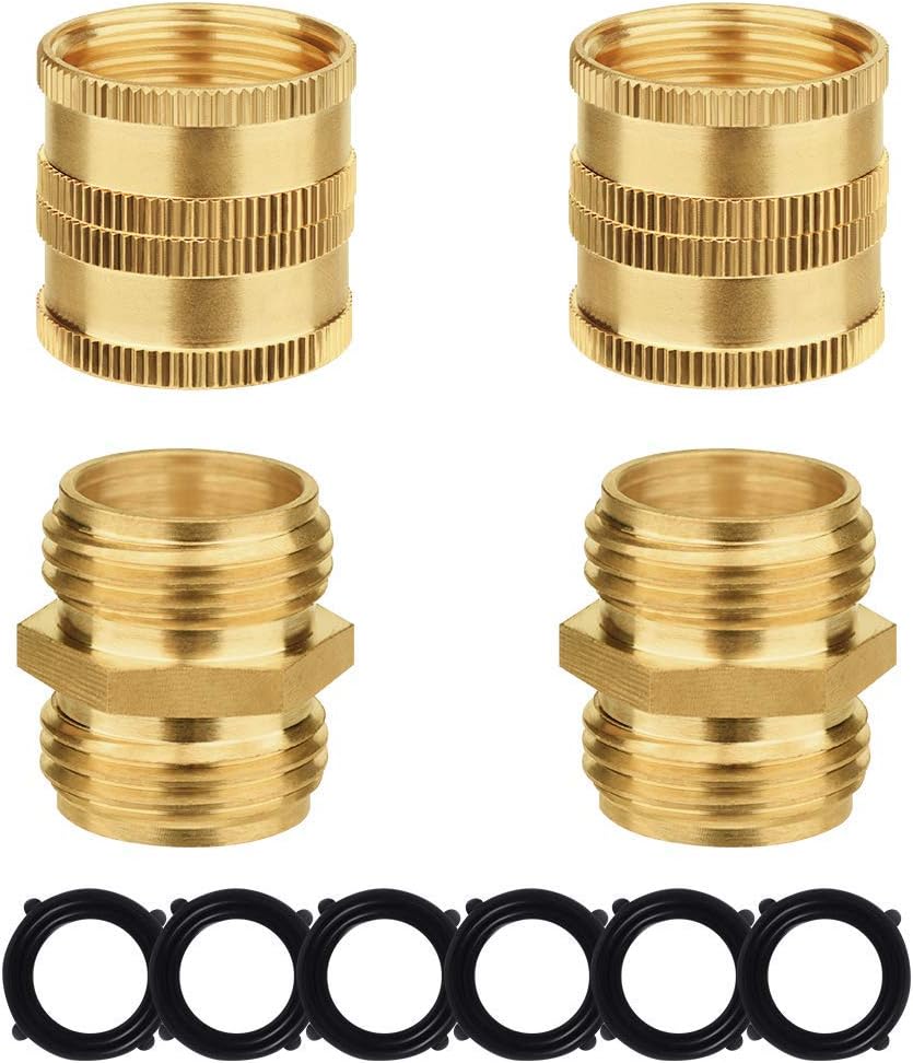 KWODE Garden Hose Adapter, 3/4" Inch Garden Hose Connectors Solid Brass Adapters, Male to Male, Female to Female, 4-Pack with Extra 6 Washers