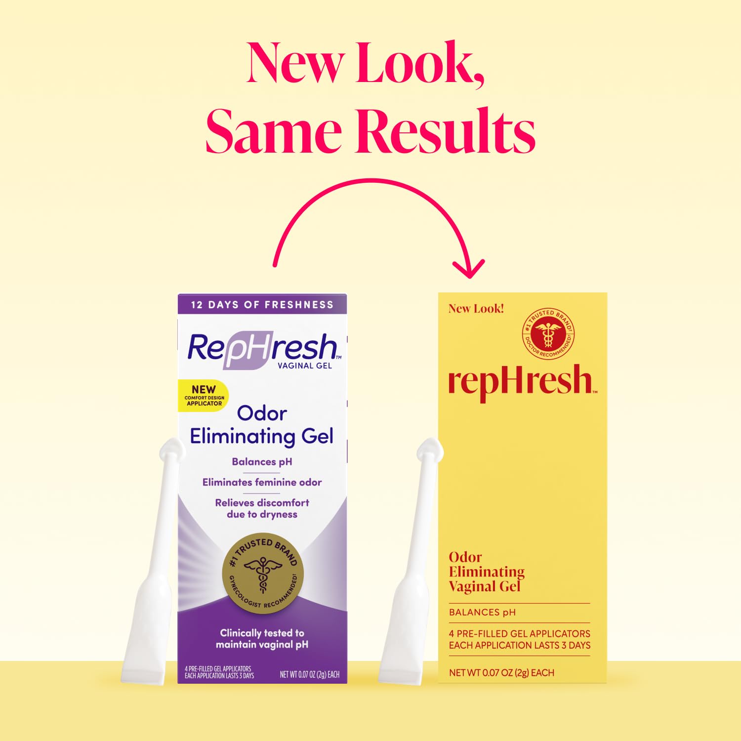 Rephresh Odor Eliminating Vaginal Gel, Clinically Tested to Balance pH & Eliminate Odor for up to 3 Days, Pre-Filled Applicators, 4 ct
