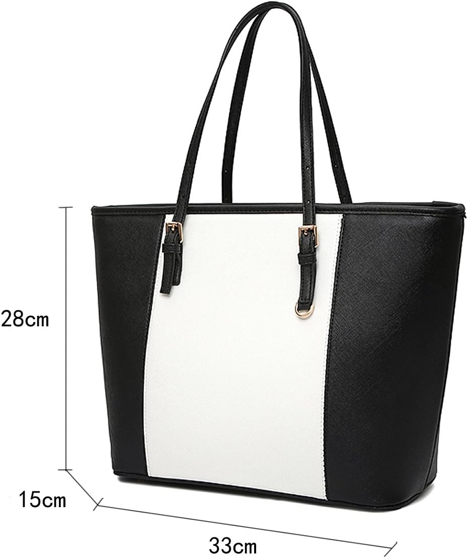 Ladies Designer Leather Style Large Tote Bag Shoulder Satchel Handbag (Black&White) - Image 3