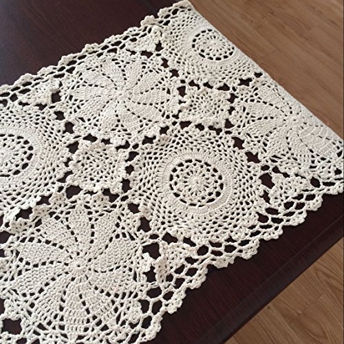 image for Ustide Rustic Floral Table Runner Hand Crochet Table Doily Beige Cotto