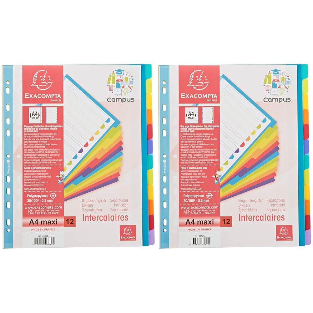 Exacompta - Ref 3812E - Campus PP Dividers - Suitable for A4+ Documents, 12 Tabbed Parts, 0.3mm Rigid Polypropylene, Pre-Punched for Folders - Multi-Coloured (Pack of 2)